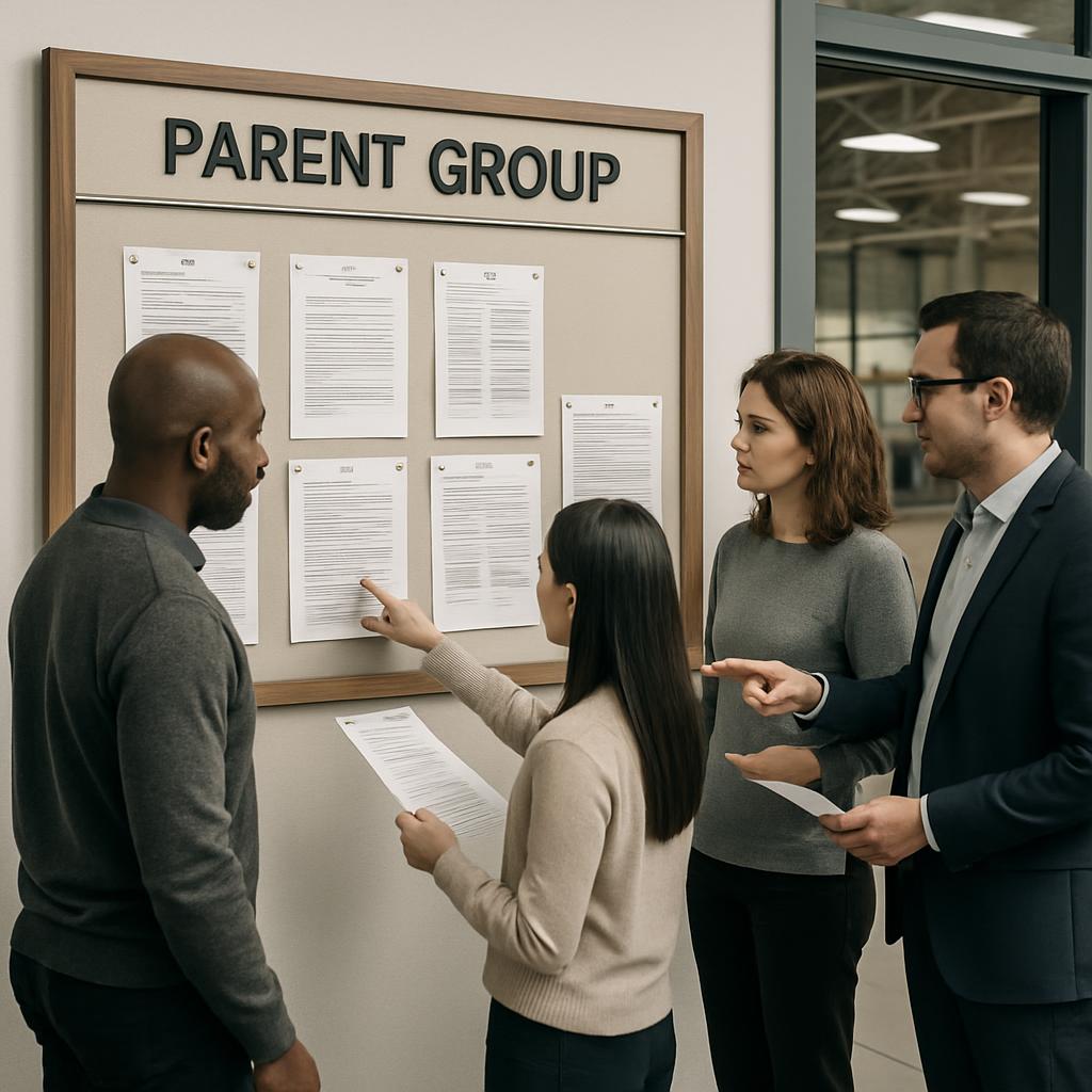 "Group of Four Adults viewing a bulletin board labeled Parent Group displaying informational papers, likely at a school".