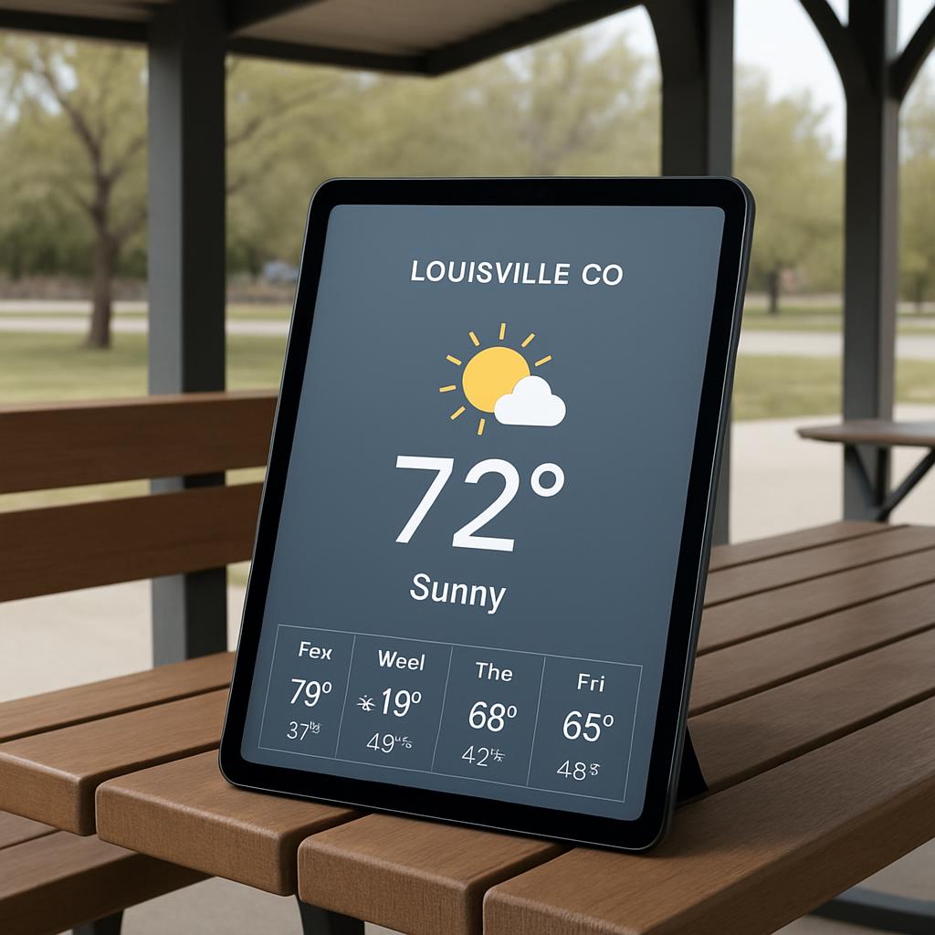 Weather forecast on tablet in outdoor park shelter - a sunny and clear 72 degrees.