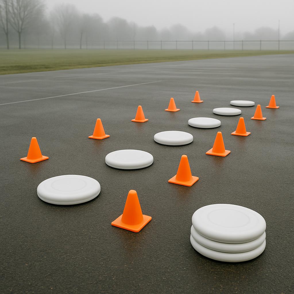 alt text: multiple orange traffic cones and large white circular markers also on the tarmac behind a sparse grass field. A...