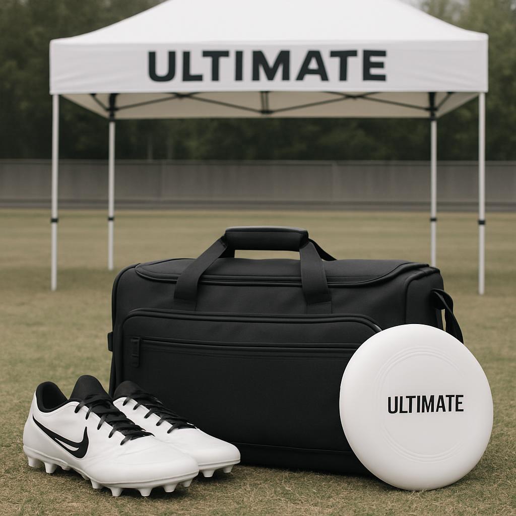 A portable pop-up white tent with a black "ULTIMATE" sign A black gym or sports bag Above it, a pair of white Nike cleats....